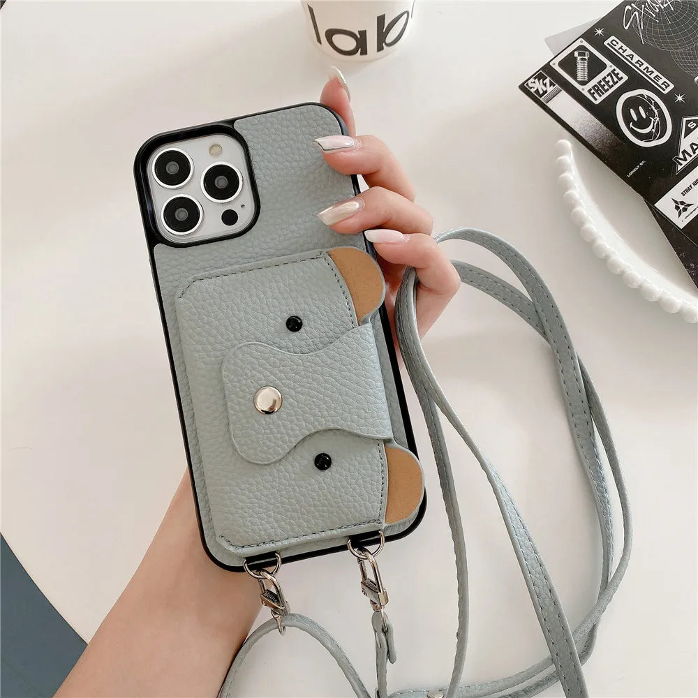 Cartoon Crossbody Lanyard With Card Holder Wallet Case for iPhone