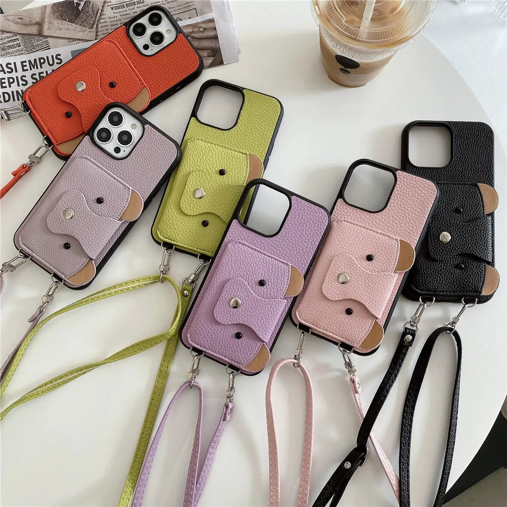 Cartoon Crossbody Lanyard With Card Holder Wallet Case for iPhone