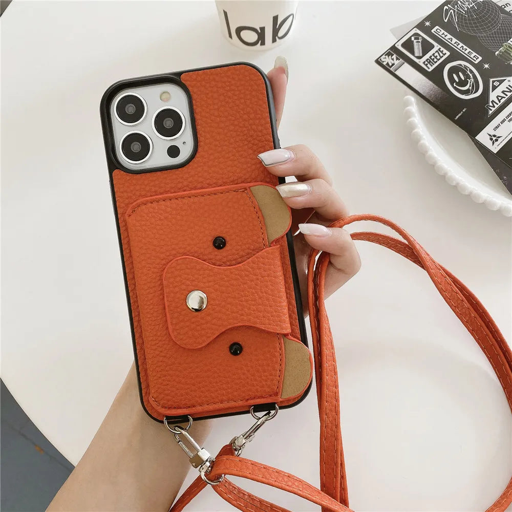 Cartoon Crossbody Lanyard With Card Holder Wallet Case for iPhone