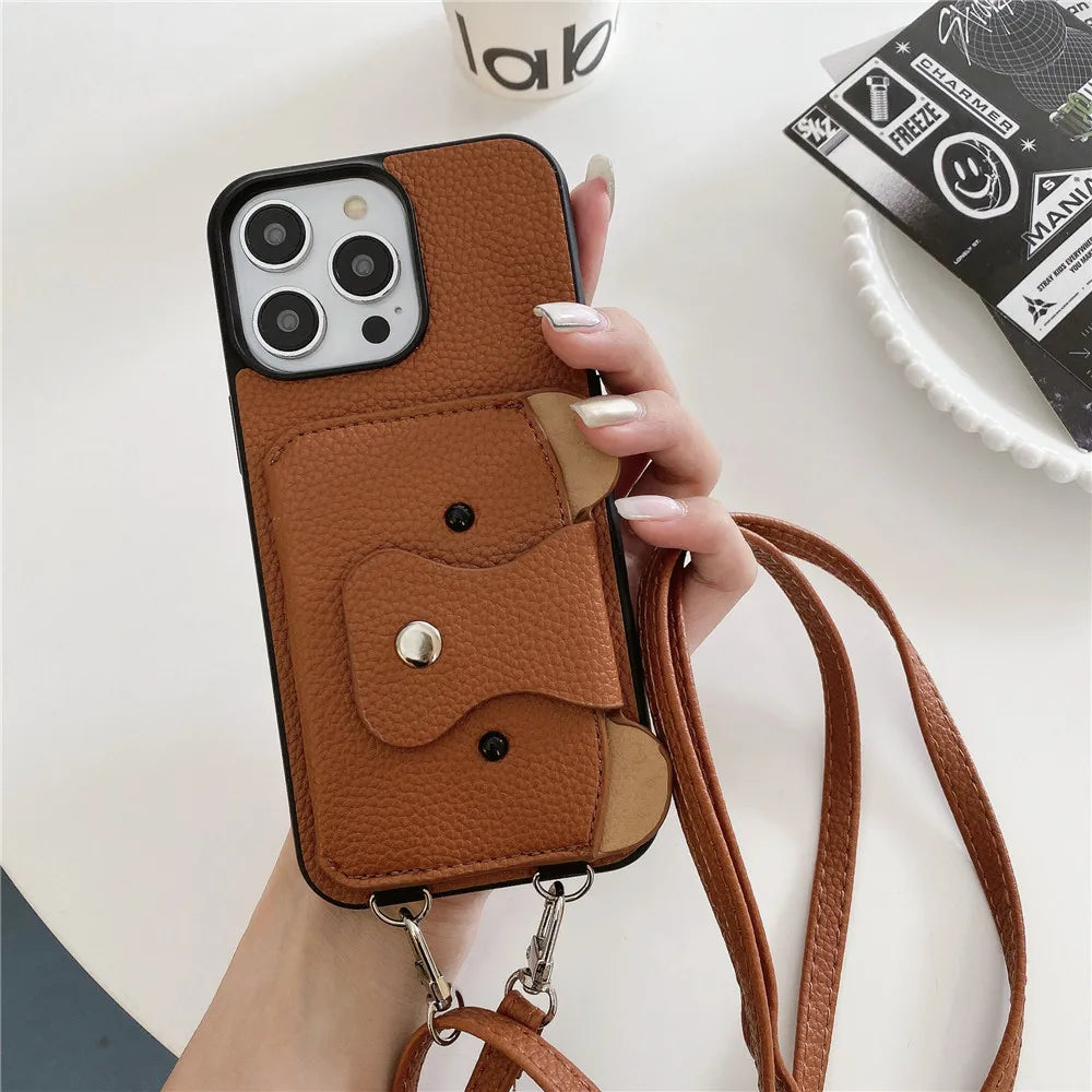 Cartoon Crossbody Lanyard With Card Holder Wallet Case for iPhone