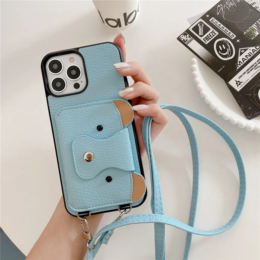 Cartoon Crossbody Lanyard With Card Holder Wallet Case for iPhone