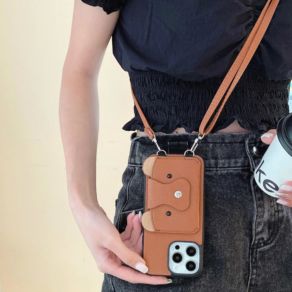 Cartoon Crossbody Lanyard With Card Holder Wallet Case for iPhone