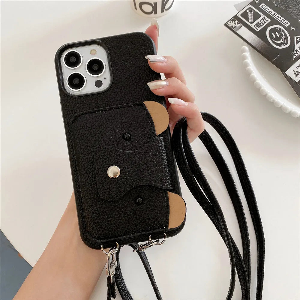 Cartoon Crossbody Lanyard With Card Holder Wallet Case for iPhone
