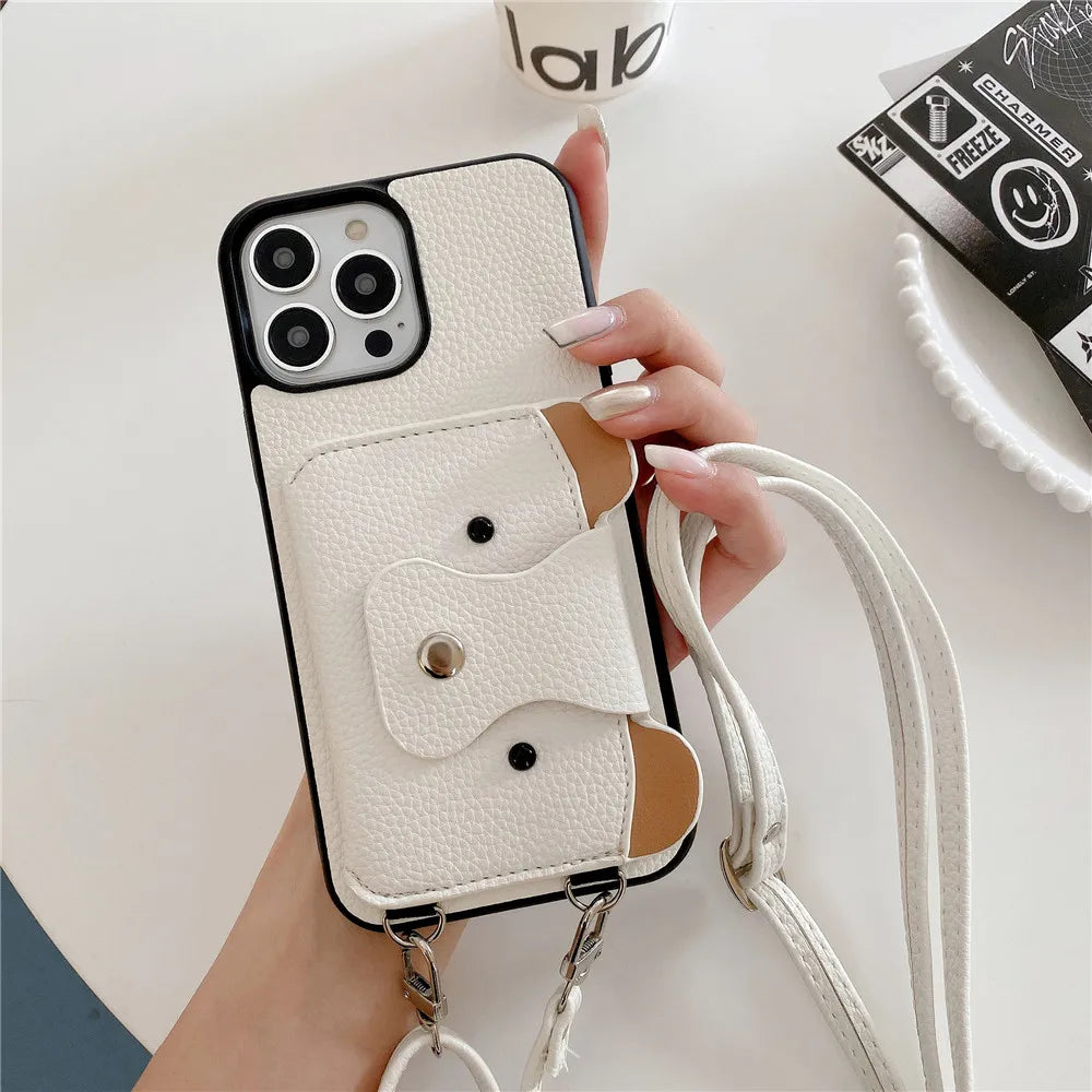 Cartoon Crossbody Lanyard With Card Holder Wallet Case for iPhone