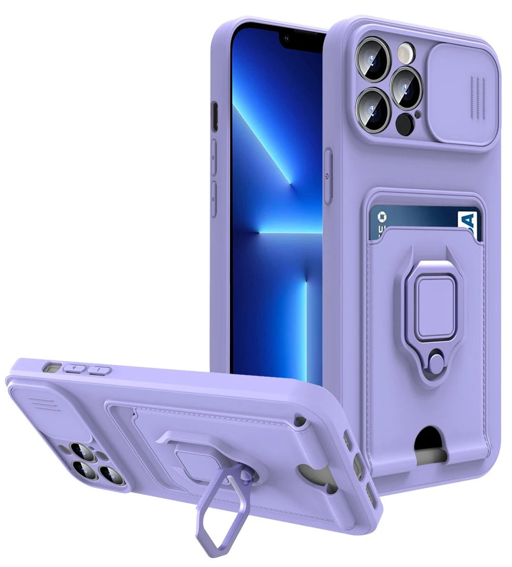 Magnetic Ring Card Holder Slide Camera Protector Case For iPhone