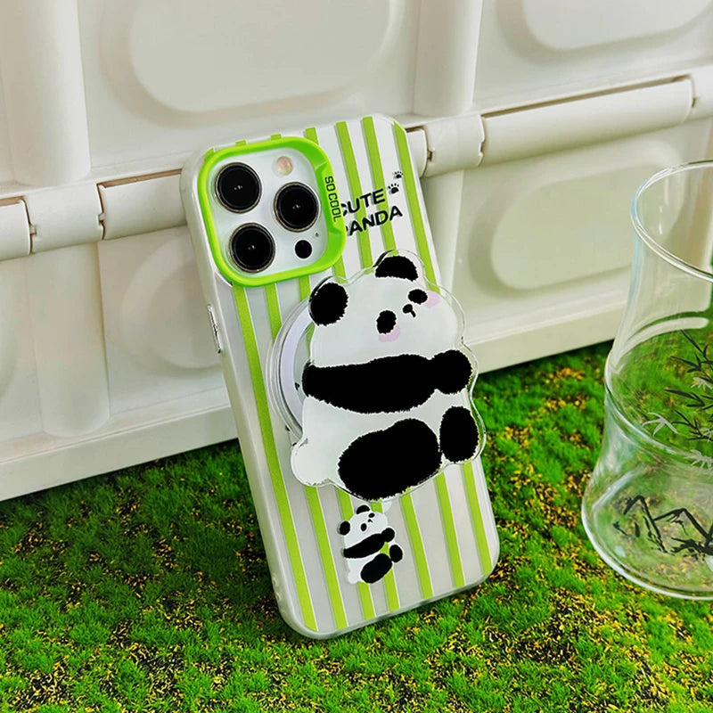 Lovely Panda bamboo Magnetic Holder Case For iPhone
