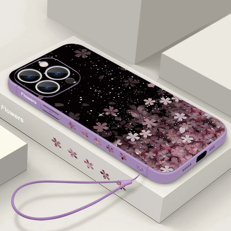 Luxury Sakura Print Lanyard Case For iPhone