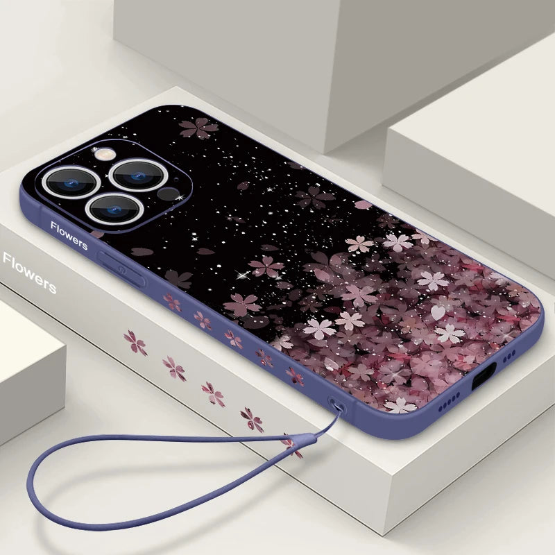 Luxury Sakura Print Lanyard Case For iPhone