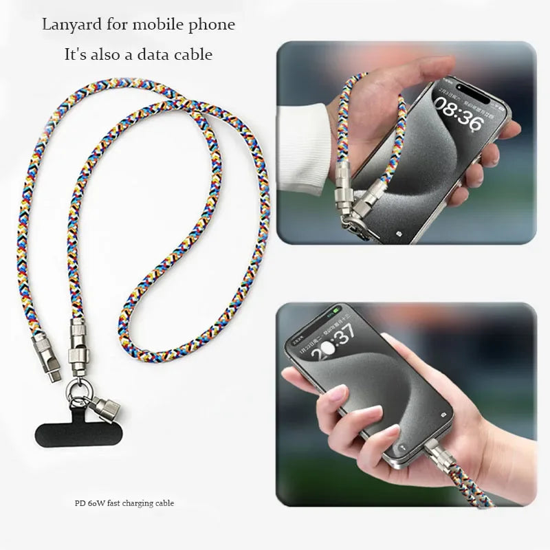 Mobile Phone Lanyard Charging Cable 2 in 1 Braided Anti-lost Rope PD60W Fast Charging