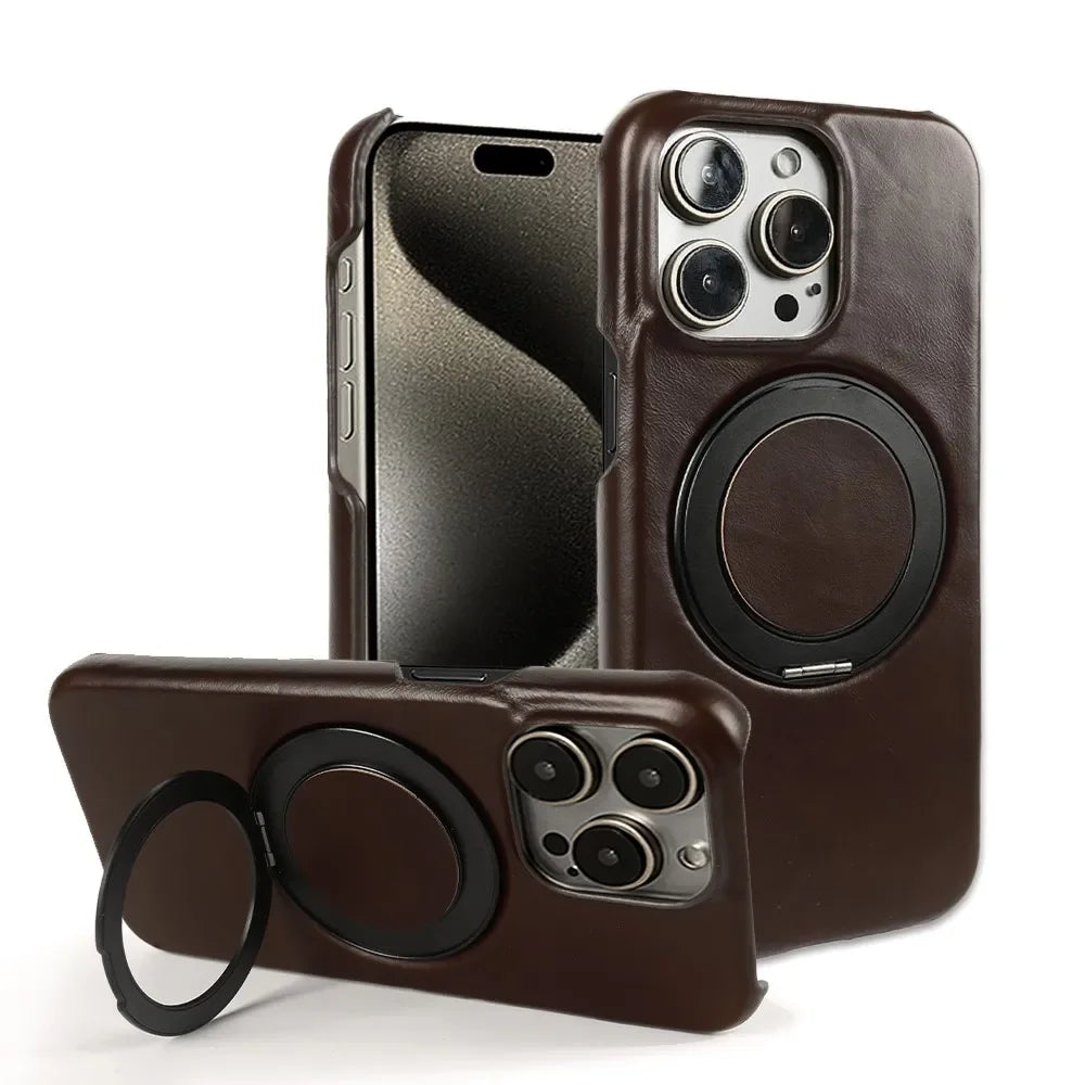 Genuine Leather Magnetic Ring Stand Bracket Case For iPhone