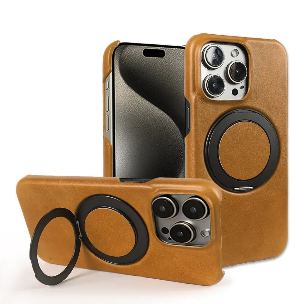 Genuine Leather Magnetic Ring Stand Bracket Case For iPhone