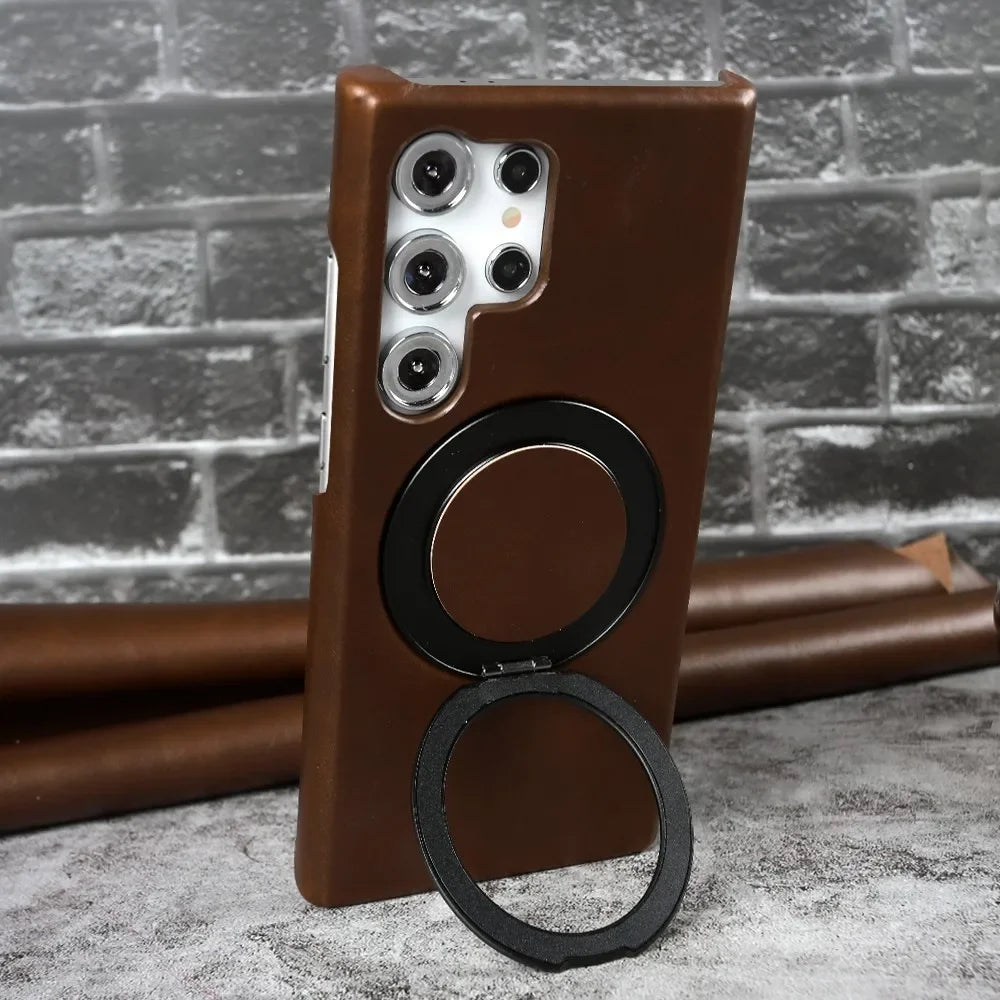 Genuine Leather Magnetic Ring Stand Bracket Case For Samsung