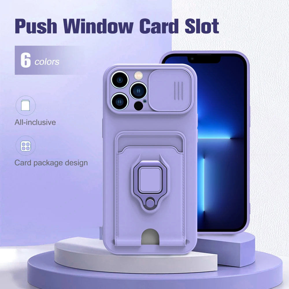 Magnetic Ring Card Holder Slide Camera Protector Case For iPhone