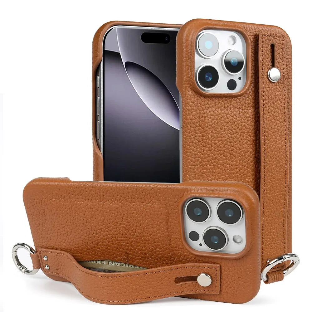 Premium Genuine Leather Wristband Strap Bracket Case For iPhone
