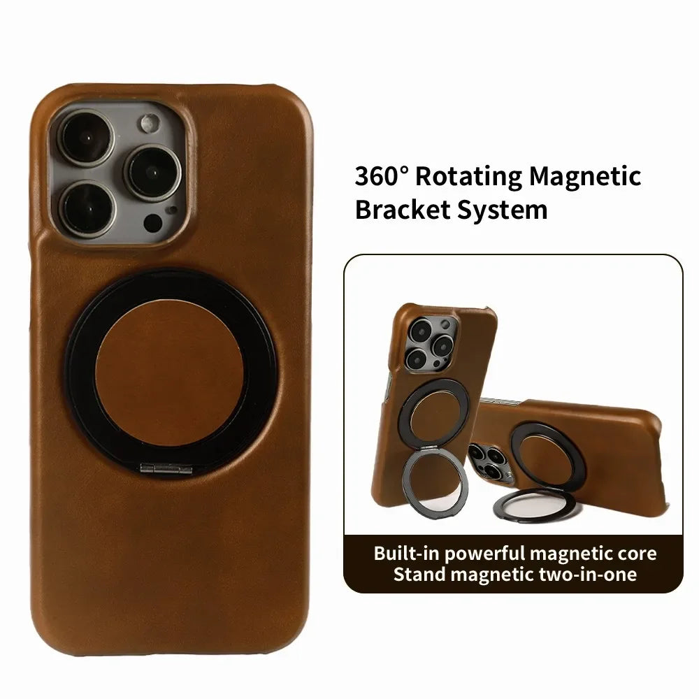 Genuine Leather Magnetic Ring Stand Bracket Case For iPhone