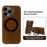Genuine Leather Magnetic Ring Stand Bracket Case For iPhone