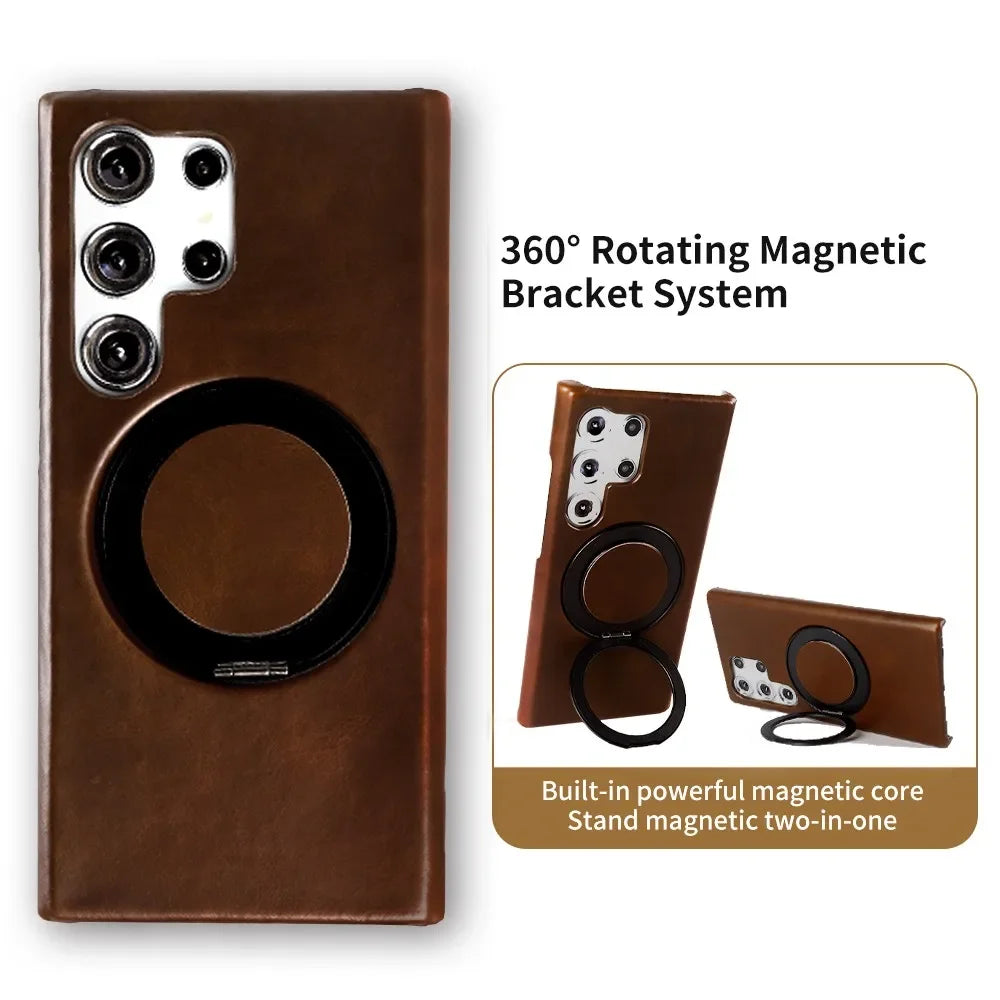 Genuine Leather Magnetic Ring Stand Bracket Case For Samsung
