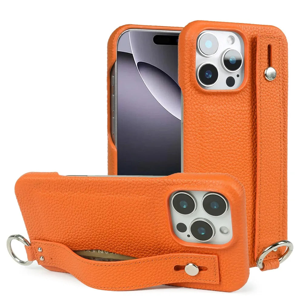 Premium Genuine Leather Wristband Strap Bracket Case For iPhone