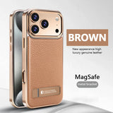 Genuine Leather Metal Bracket Kickstand Case For iPhone