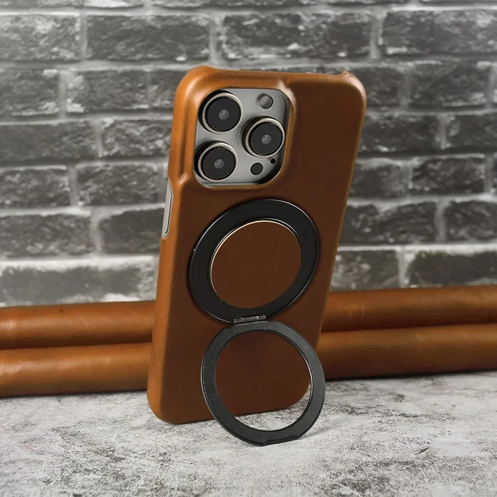 Genuine Leather Magnetic Ring Stand Bracket Case For iPhone