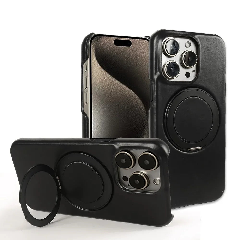 Genuine Leather Magnetic Ring Stand Bracket Case For iPhone
