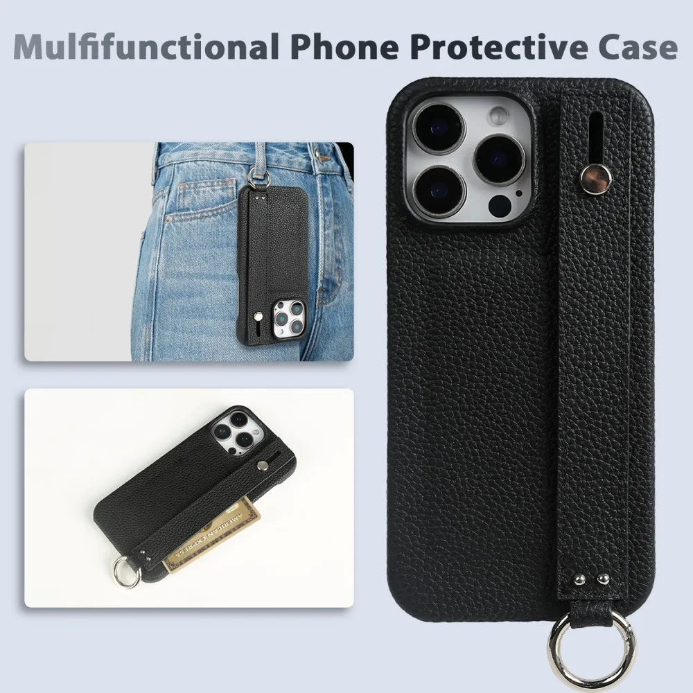 Premium Genuine Leather Wristband Strap Bracket Case For iPhone