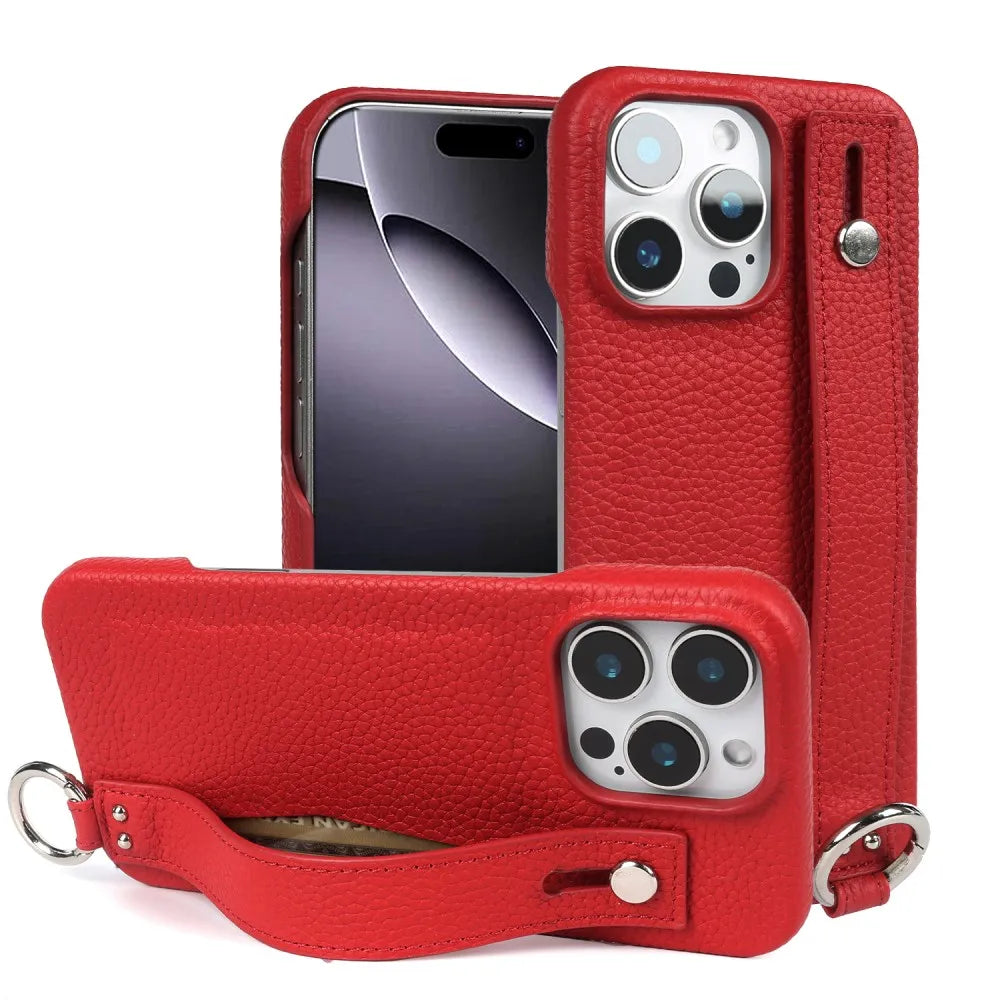 Premium Genuine Leather Wristband Strap Bracket Case For iPhone