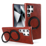 Genuine Leather Magnetic Ring Stand Bracket Case For Samsung