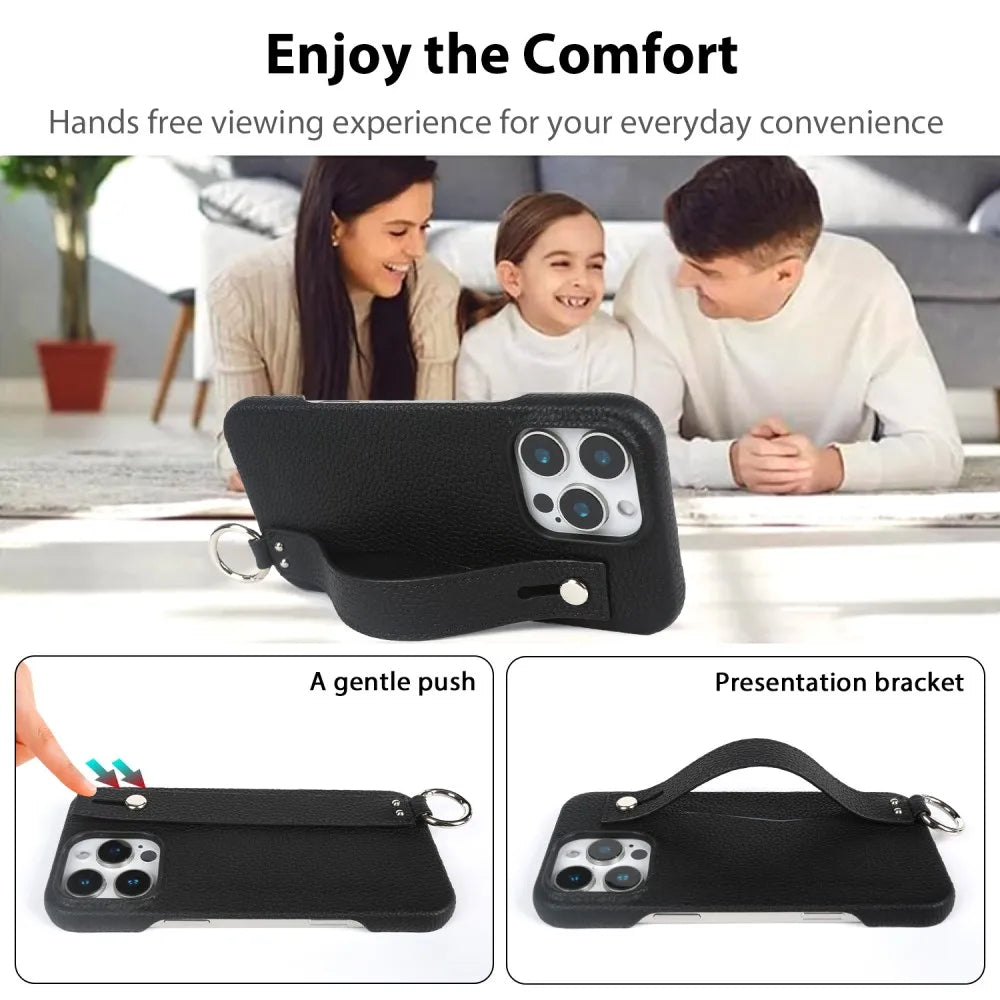 Premium Genuine Leather Wristband Strap Bracket Case For iPhone