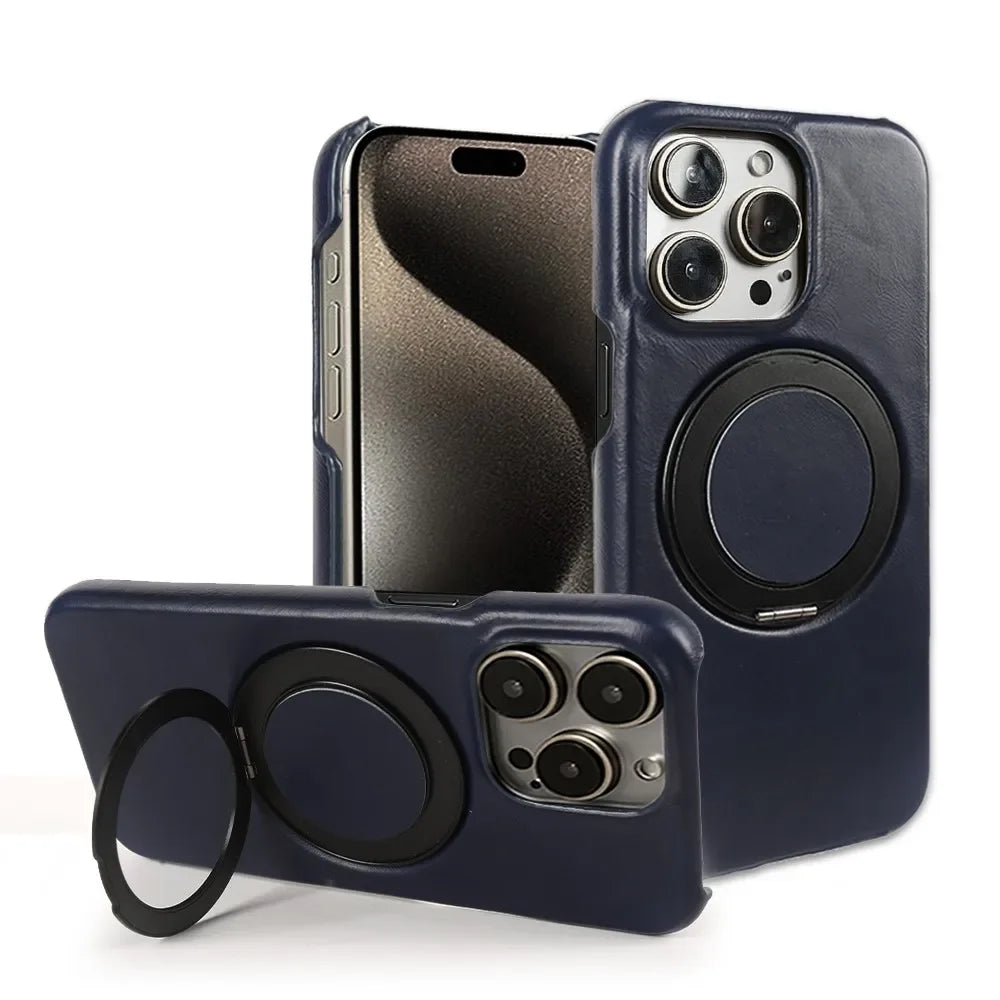 Genuine Leather Magnetic Ring Stand Bracket Case For iPhone