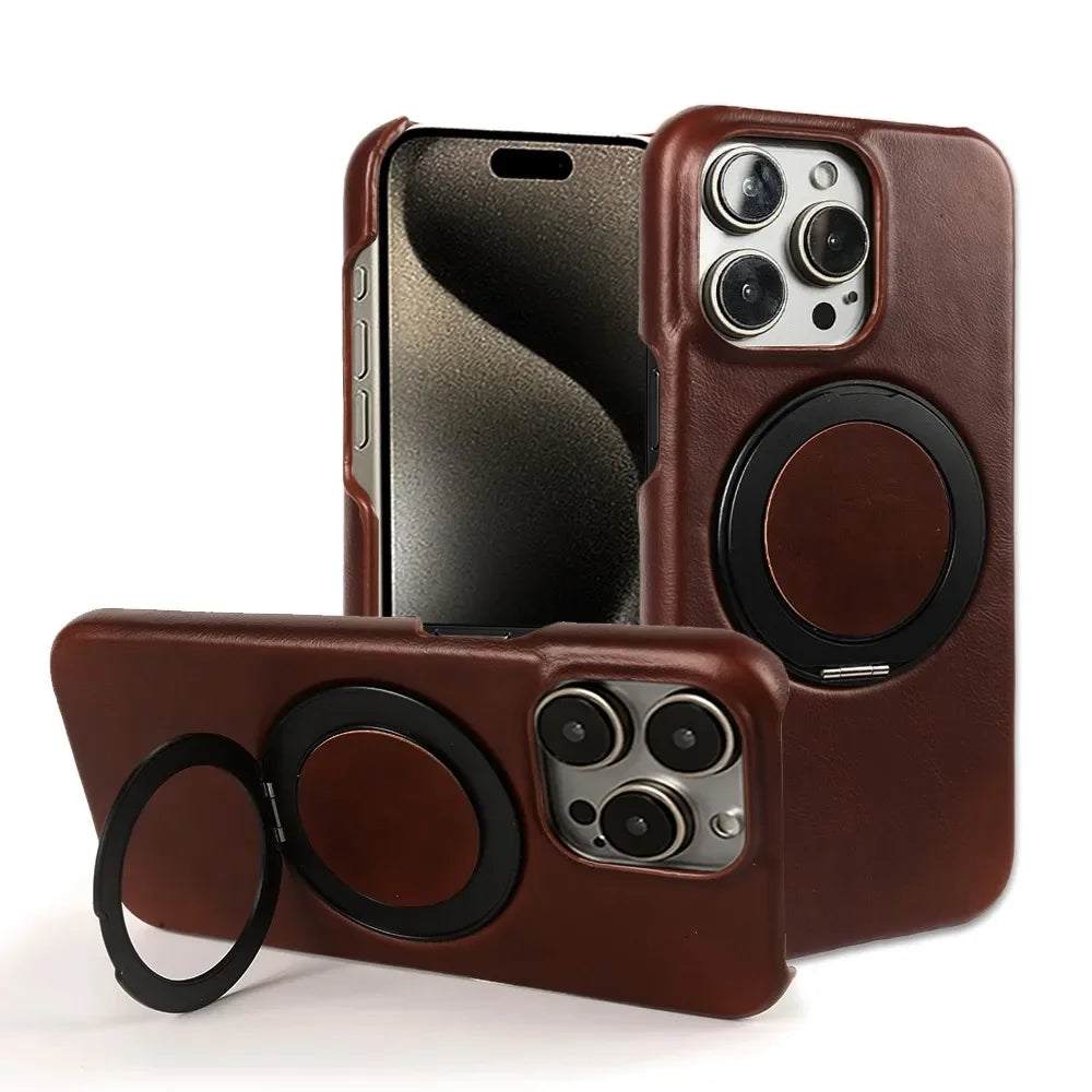 Genuine Leather Magnetic Ring Stand Bracket Case For iPhone
