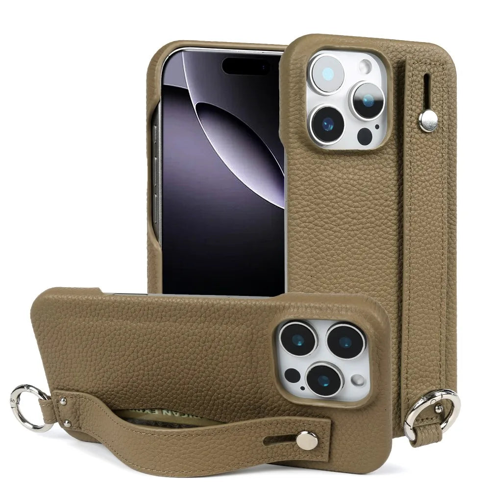 Premium Genuine Leather Wristband Strap Bracket Case For iPhone