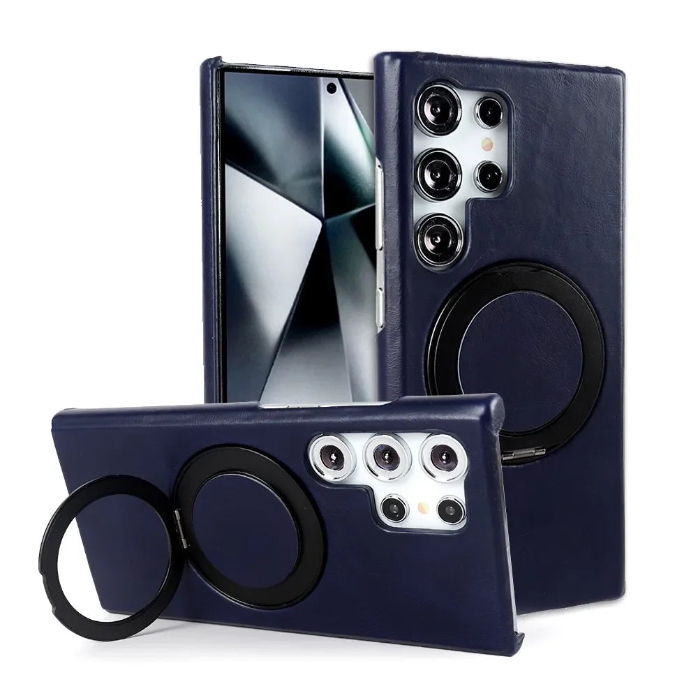 Genuine Leather Magnetic Ring Stand Bracket Case For Samsung