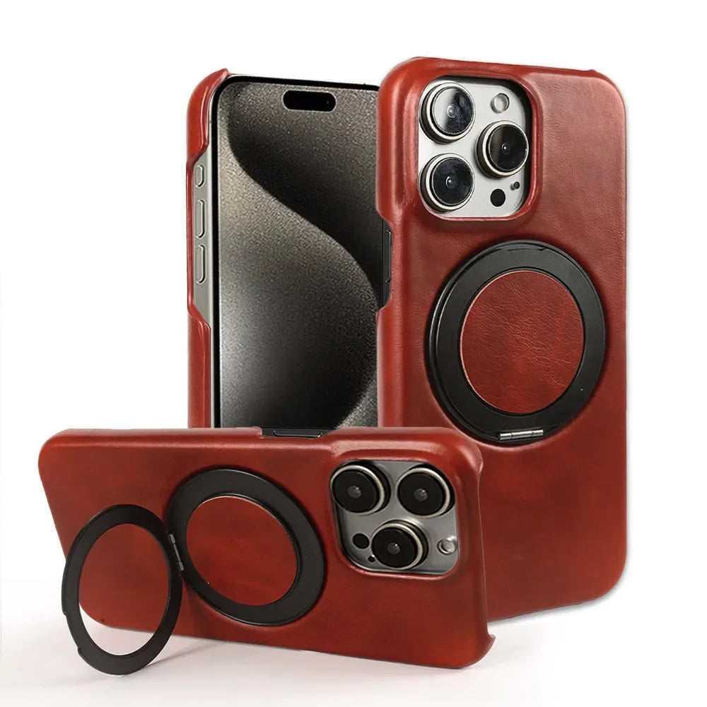Genuine Leather Magnetic Ring Stand Bracket Case For iPhone