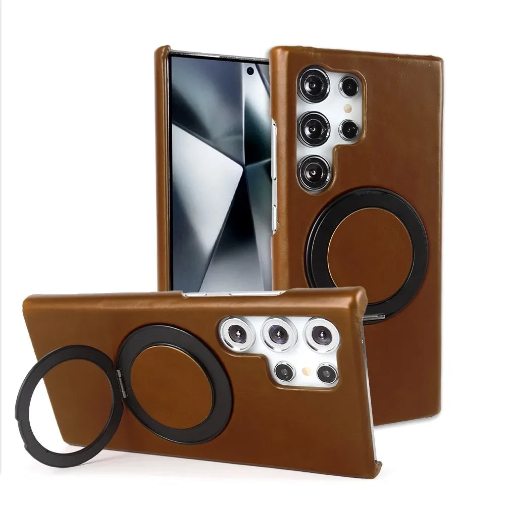 Genuine Leather Magnetic Ring Stand Bracket Case For Samsung
