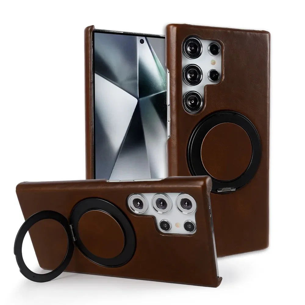 Genuine Leather Magnetic Ring Stand Bracket Case For Samsung