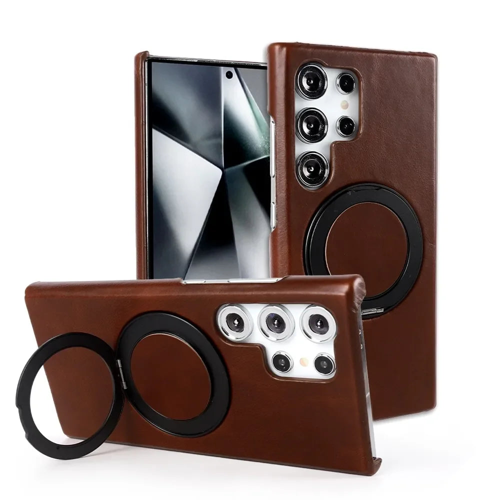 Genuine Leather Magnetic Ring Stand Bracket Case For Samsung