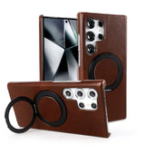 Genuine Leather Magnetic Ring Stand Bracket Case For Samsung