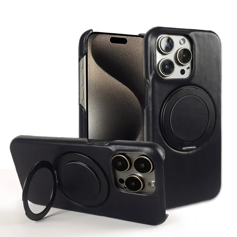 Genuine Leather Magnetic Ring Stand Bracket Case For iPhone