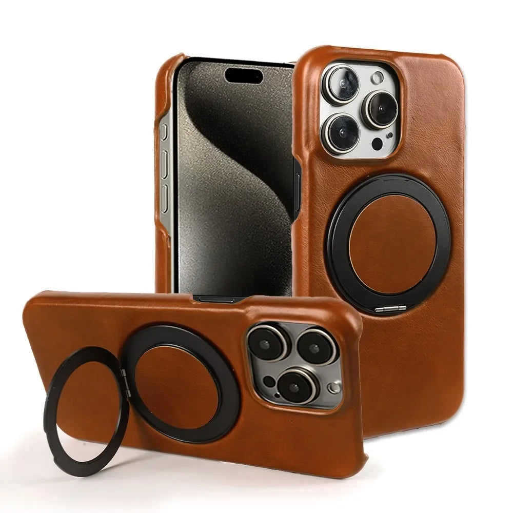 Genuine Leather Magnetic Ring Stand Bracket Case For iPhone