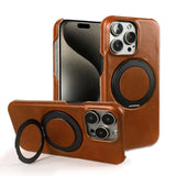 Genuine Leather Magnetic Ring Stand Bracket Case For iPhone
