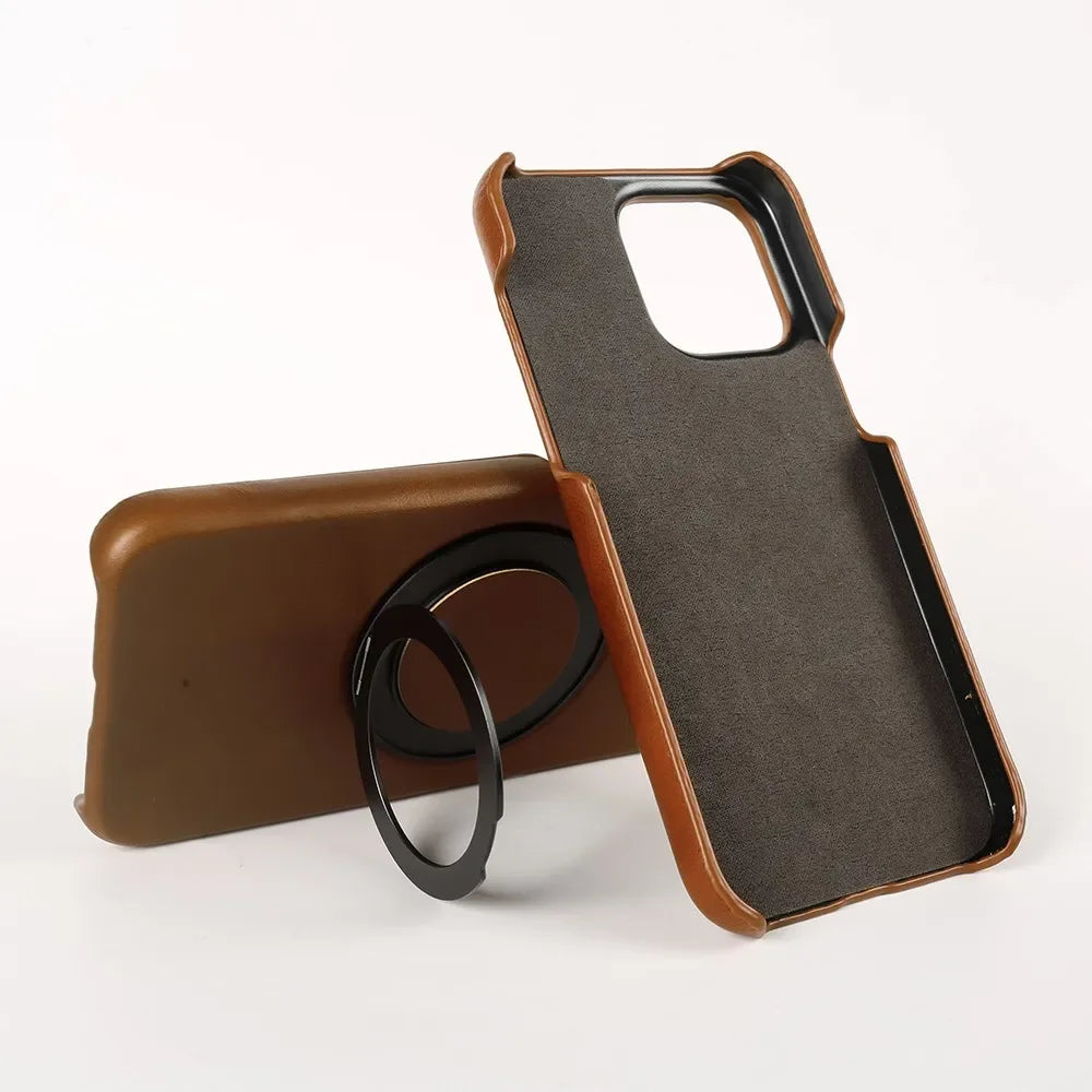 Genuine Leather Magnetic Ring Stand Bracket Case For iPhone