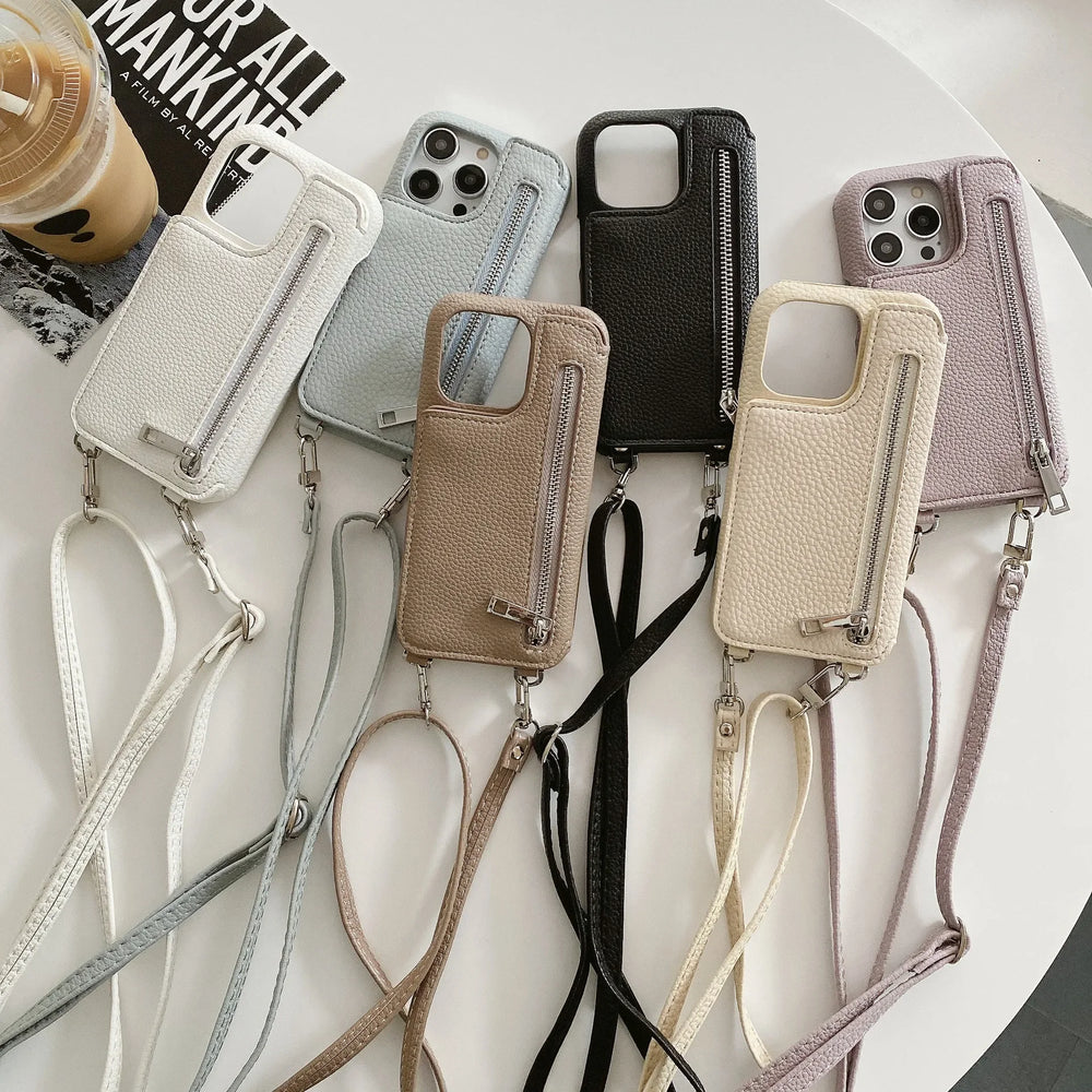 Zipper Wallet Makeup Mirror Crossbody Lanyard Case For iPhone