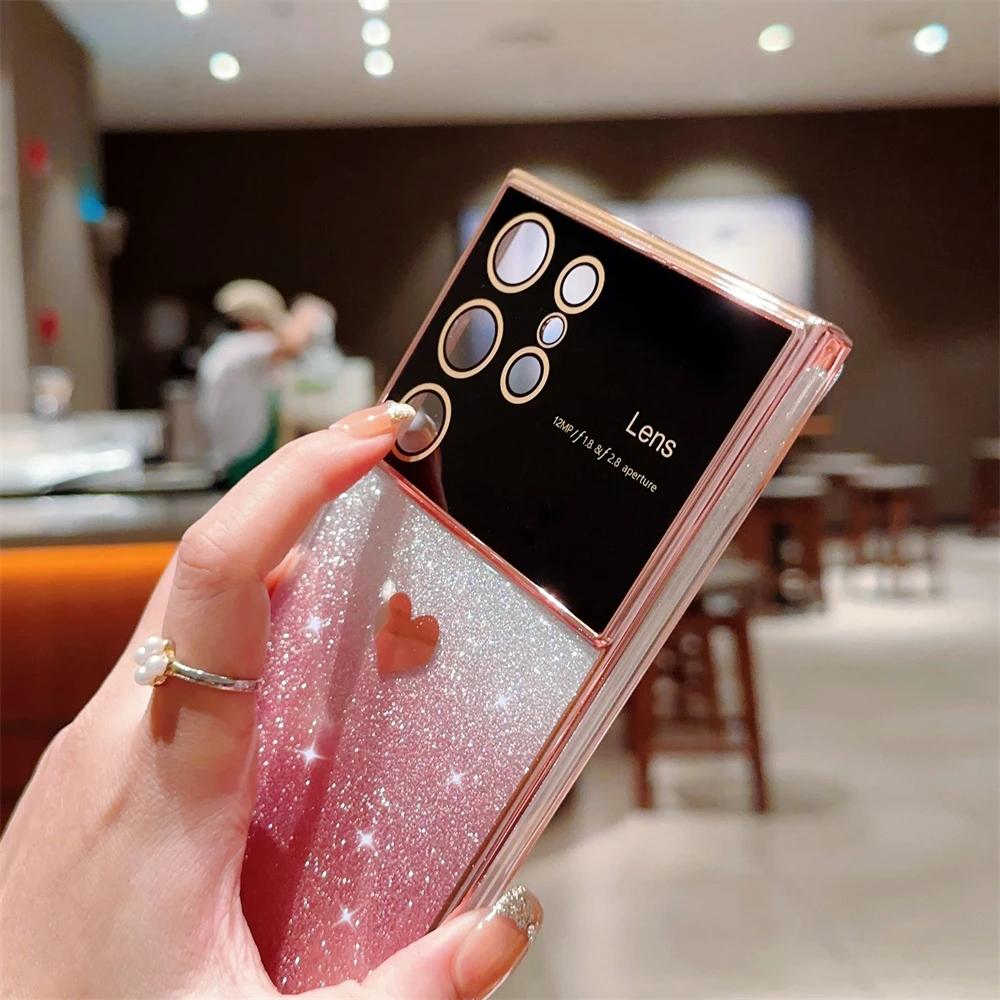 Cute Love Heart Glitter Gradient Plating Case For Samsung