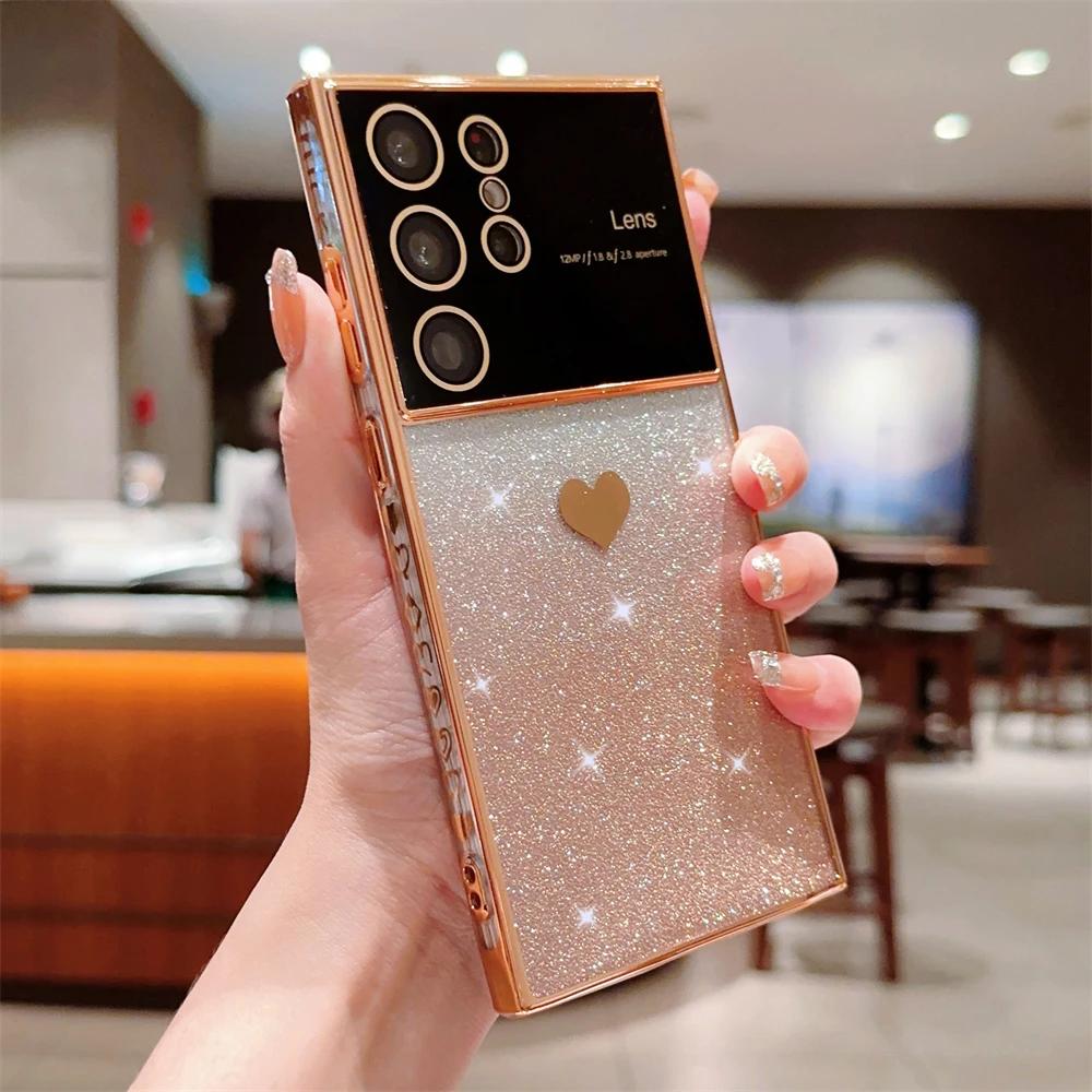 Cute Love Heart Glitter Gradient Plating Case For Samsung