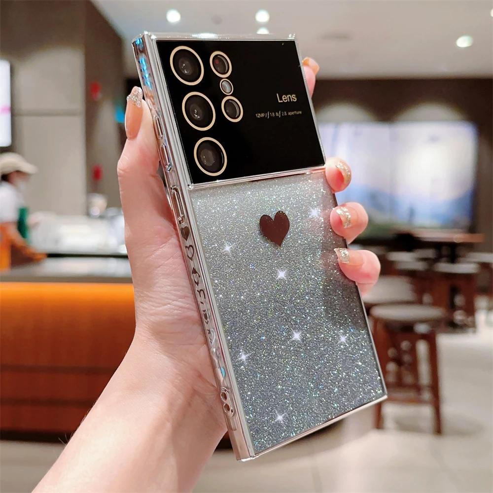 Cute Love Heart Glitter Gradient Plating Case For Samsung