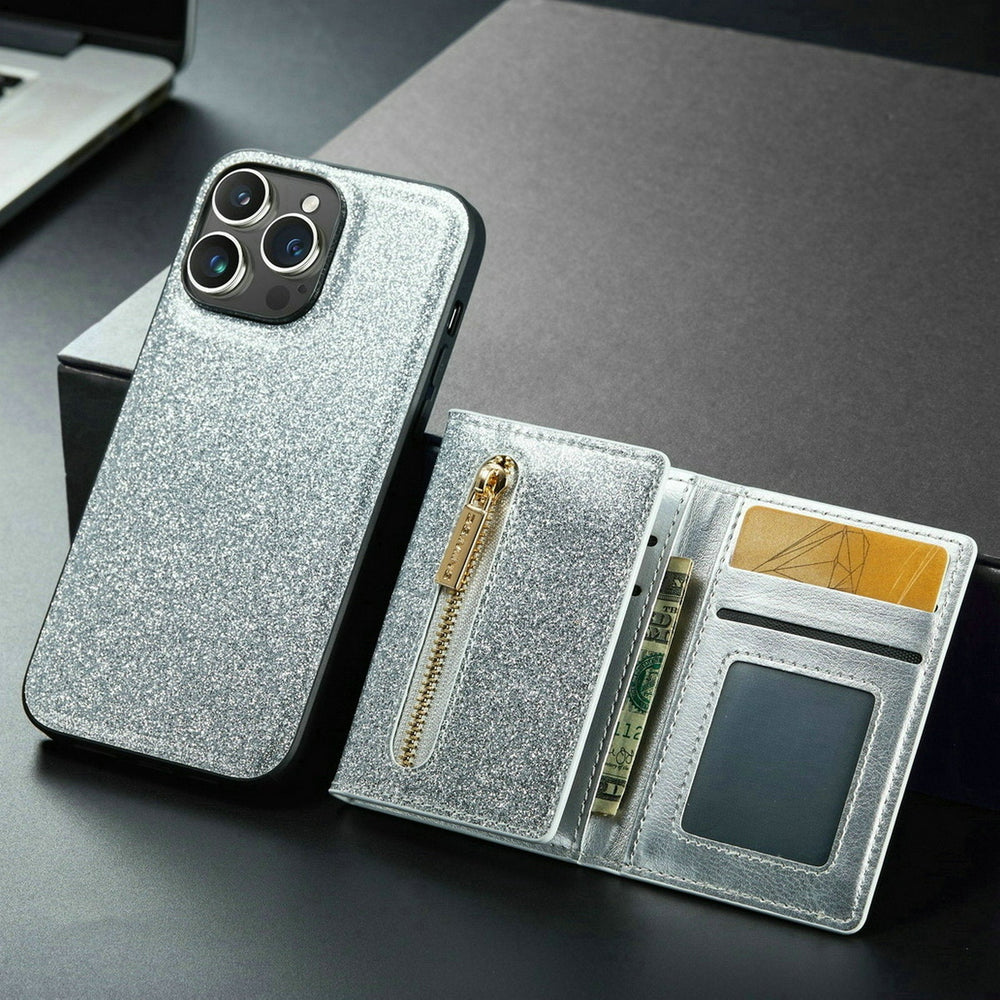 Glitter 2 in 1 Leather Wallet Case For iPhone