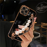 Plating Pearl Bracelet Phone Chain Soft Case for iPhone