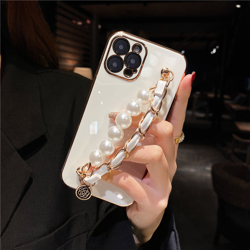 Plating Pearl Bracelet Phone Chain Soft Case for iPhone