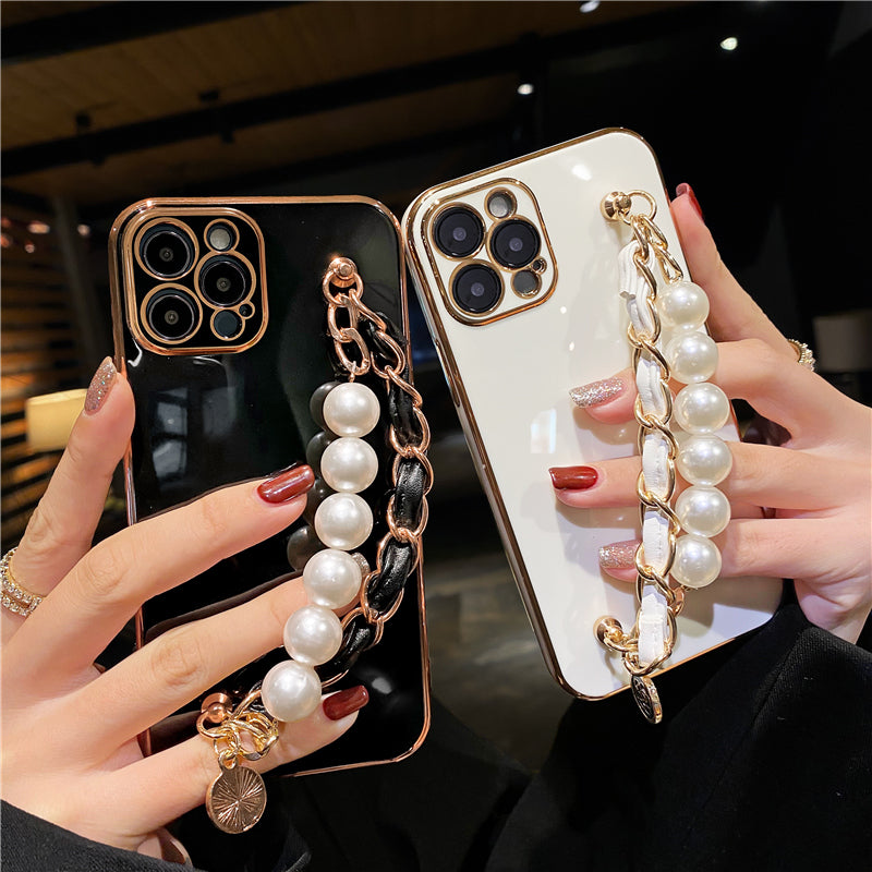 Plating Pearl Bracelet Phone Chain Soft Case for iPhone